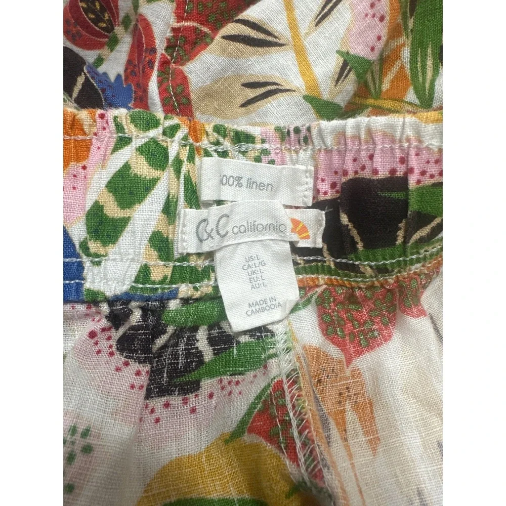 C&C California Womens Large 100% Linen Wide Leg Tropical Floral Pants MultiColor